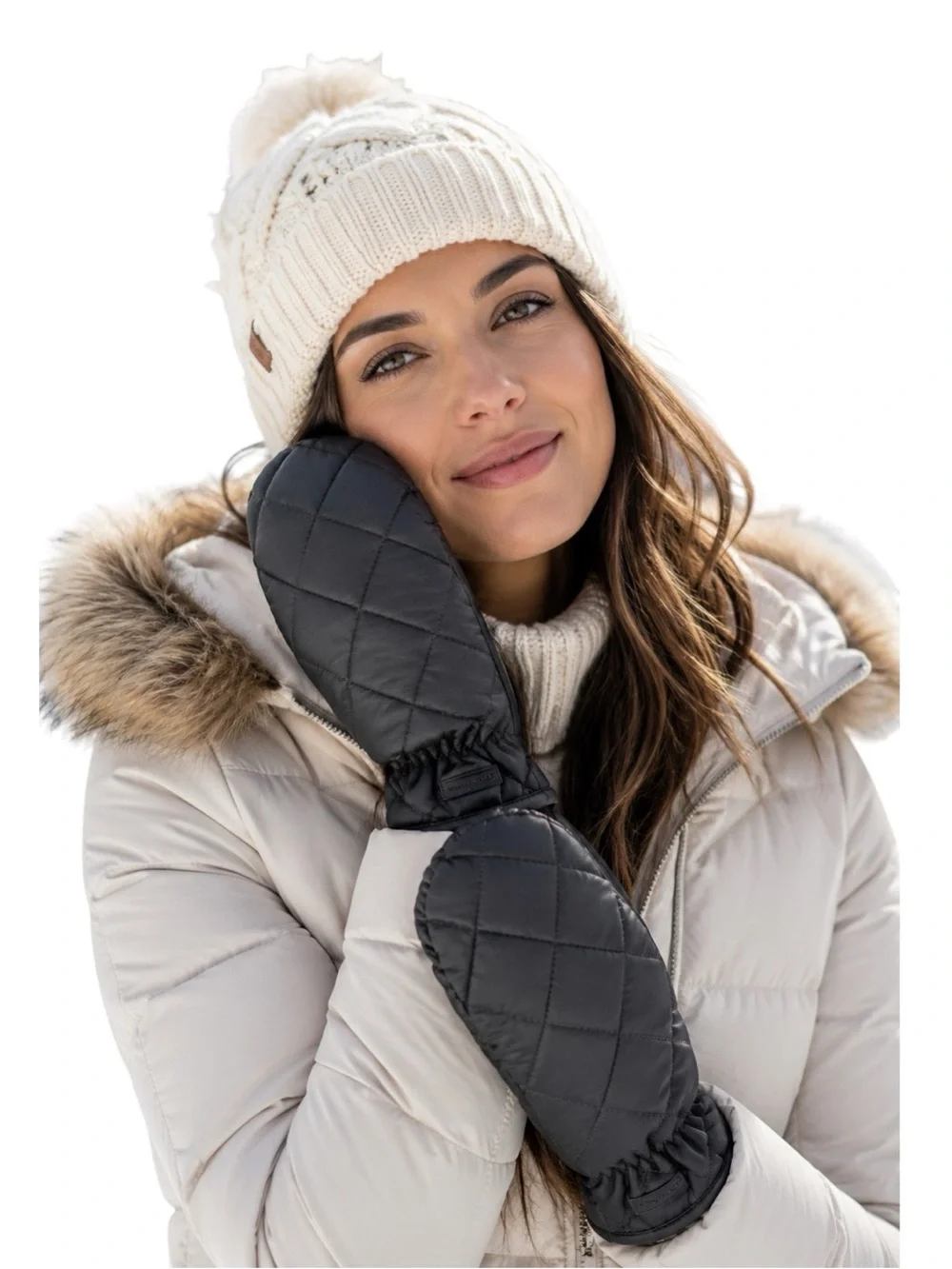 Cole Haan Women’s Quilted Puffer Mittens Leather Palm Faux Fur Lined Black New M